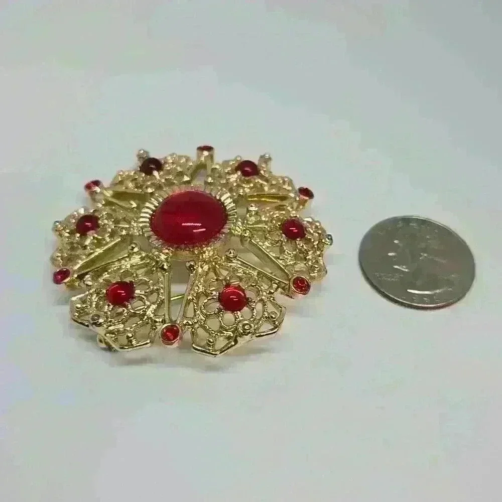 Sarah Coventry Gold Tone Brooch with Red Cabochons